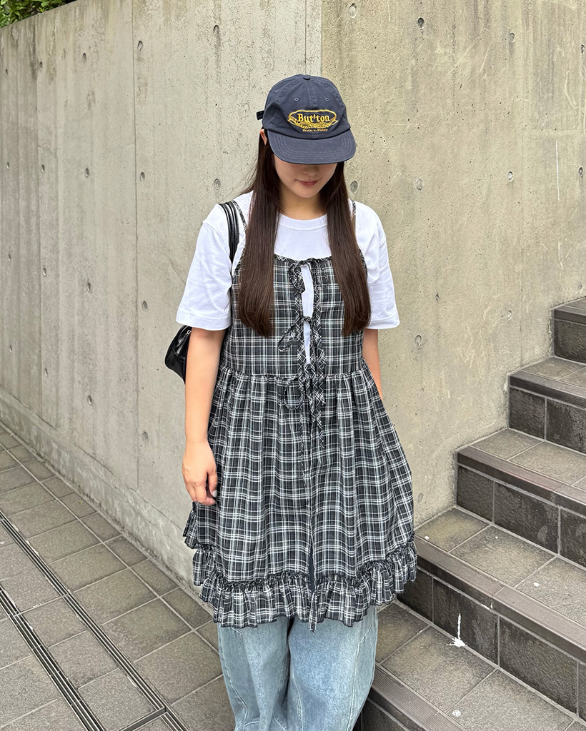 チェックリボンストラップキャミソールミニワンピース