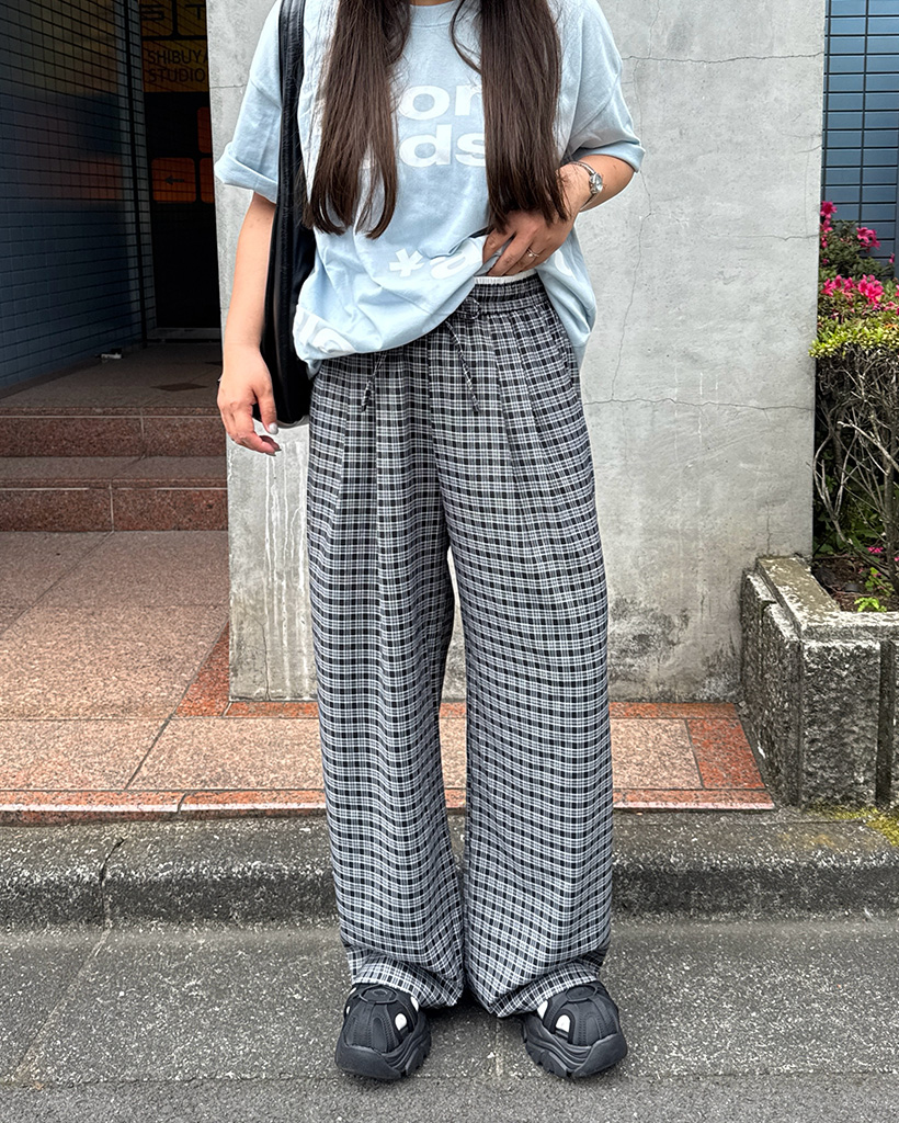 チェックレイヤードワイドパンツ