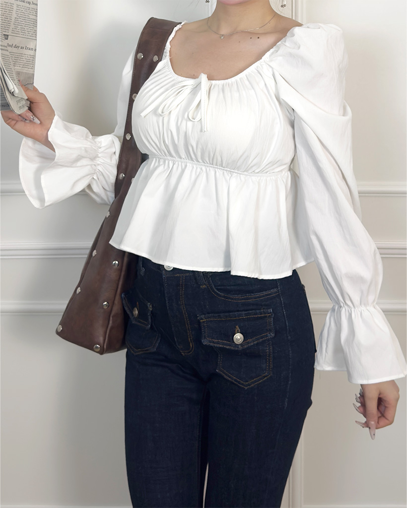 リボンギャザーパフスリーブブラウス