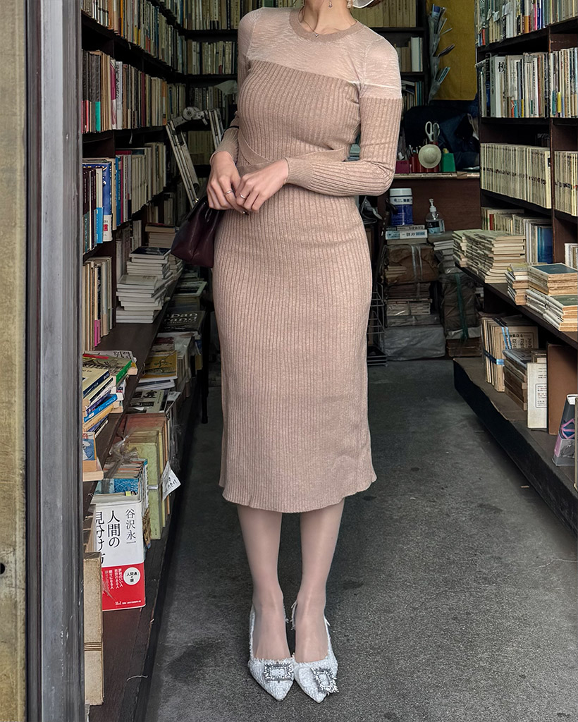 ウエストリボンシースルーニットロングワンピース