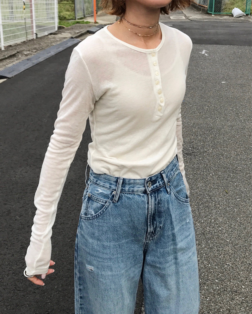 ヘンリーネックシアーロングTシャツ