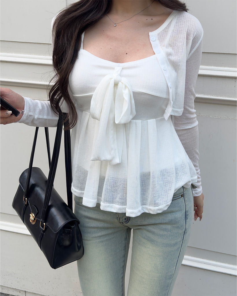 リボンシャーリングキャミソール＆カーディガンセット