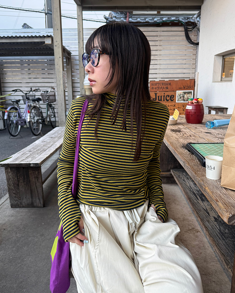 ハイネックボーダーロングTシャツ