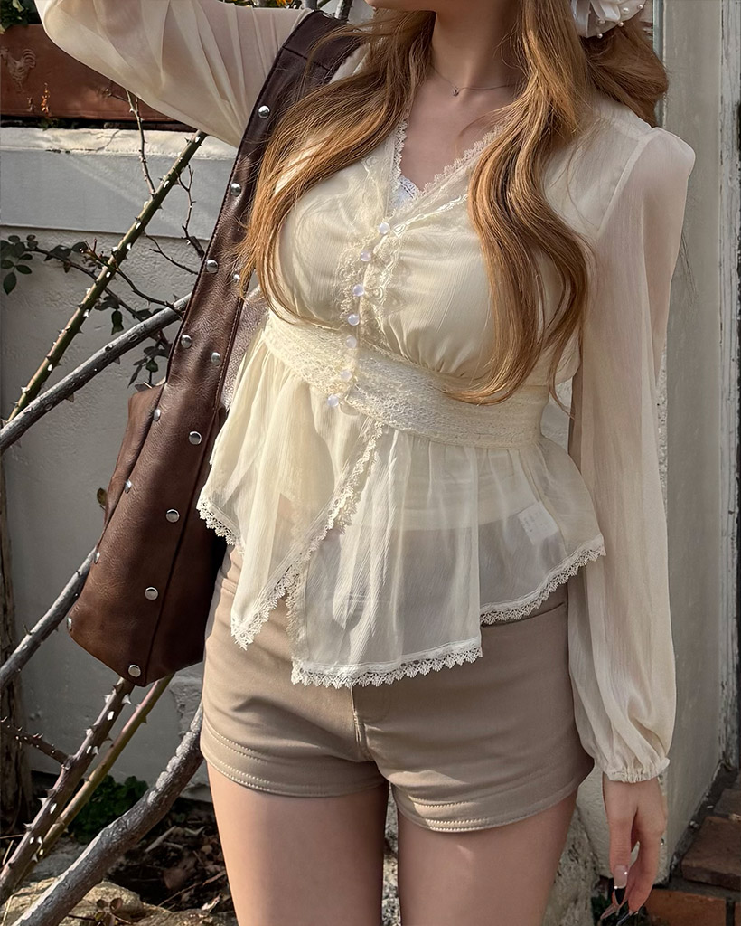 シースルーレースVネックブラウス