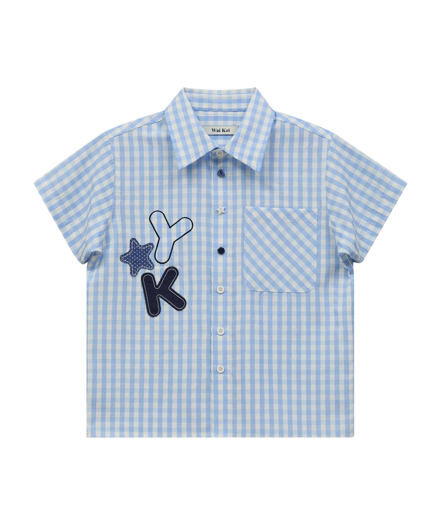 Check Applique Button Half Shirt SKYBLUE