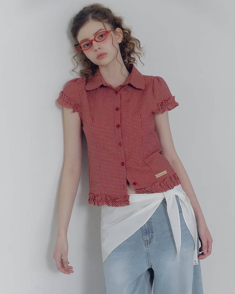 Roel check frill short sleeve blouse