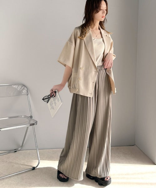 スタイルアップが叶う。2way裾ドロストプリーツ素材ワイドパンツ