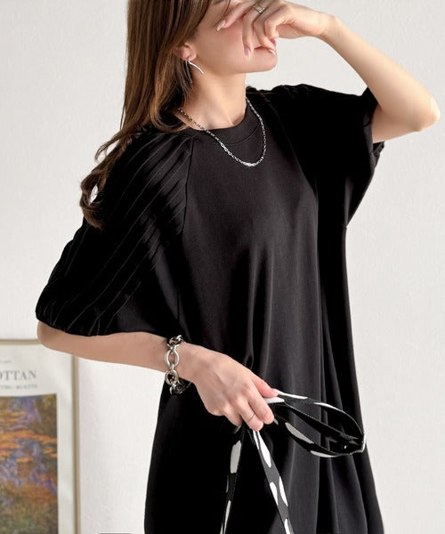 らっちゃんページ 綿100% さらりと上品にきまる。袖タックラグラン半袖ワンピース