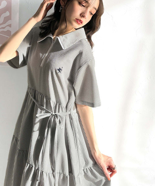 トレンドのティアード♪胸刺繍サッカーハーフZIPワンピース（ロング