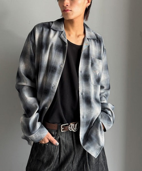 【 Cascade 】 70s オンブレ ウールシャツ チェック 白黒 グレー 60s 70s Cascade OMBRE SHADOW PLAID OPEN COLLAR WOOL SHIRT - RICUR