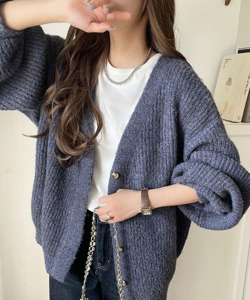 大人上品なニュアンスを演出◎比翼Vネックミックスニットカーディガン