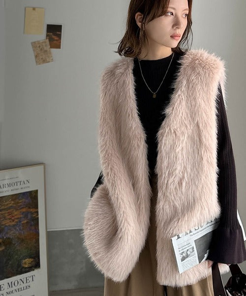 【no.】ファーベスト 高級感をレイヤード。ふわふわミックスシャギーファーベスト ce1010457