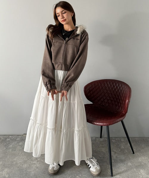 mily bilet】ふわっと華やか、羽織って甘辛♪フードファー付きスエード