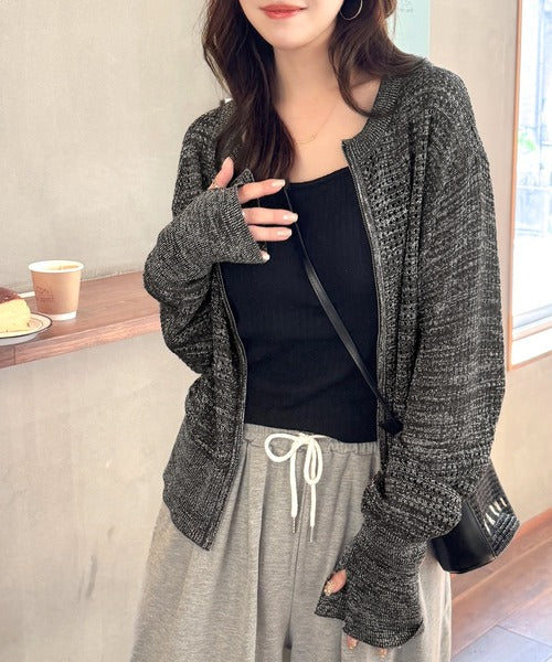 美品✨GARNIER 3ピース シルク L セットアップ ストライプ 近年モデル 光沢感とシアー感が上品さ漂う。ラメ混透かし編みジップニット