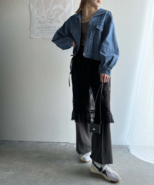 1枚で旬顔コーデ♪綿100％セーラーカラージップアップデニムジャケット