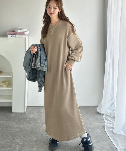 JaVaジャバコラボ》後姿が可愛い◎配色ステッチワッフルロング