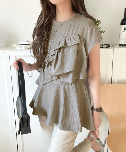 大人かわいい◎フリル使いフレアペプラムトップス（半袖） ce1240078