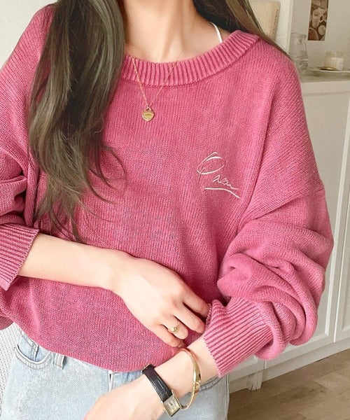 パクチー　853535 オプションお写真2枚目掲載 大人可愛いレトロな雰囲気。綿100％ワンポイント刺繍ピグメントニット