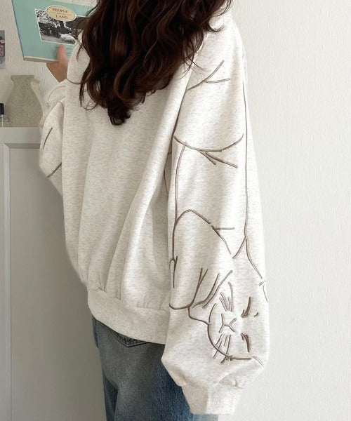 袖に遊び心を忍ばせたラク可愛い一枚♪袖ネコ刺繍裏起毛PO ce1050327