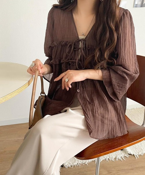 mily bilet】軽やかガーリー。リボン使いシアー楊柳フリルカーディガン