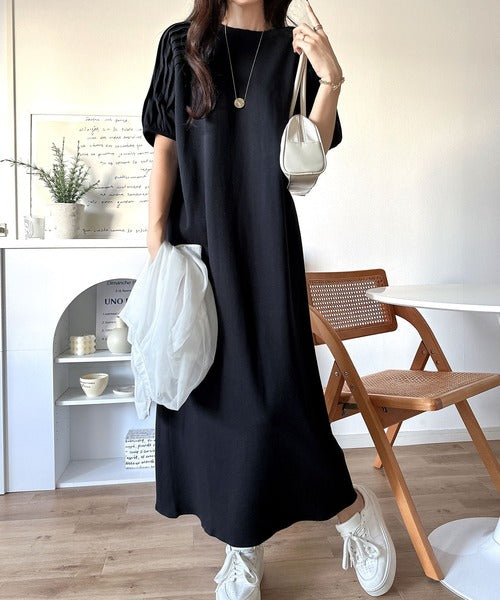 綿100% さらりと上品にきまる。袖タックラグラン半袖ワンピース