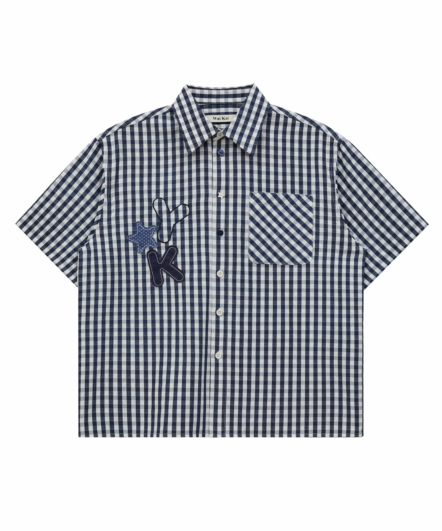 Check Applique Button Half Shirt NAVY