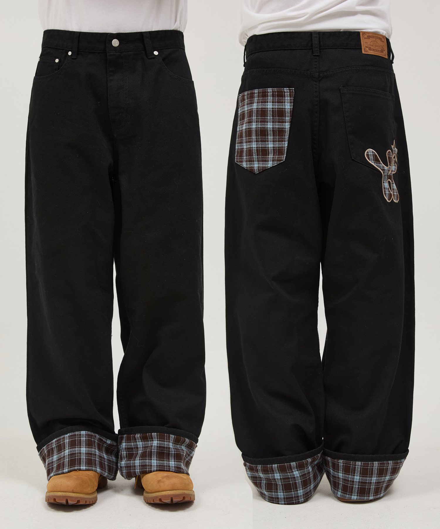 [K-POPアイドル着用] Check Applique Roll Up Cotton Pants BLACK