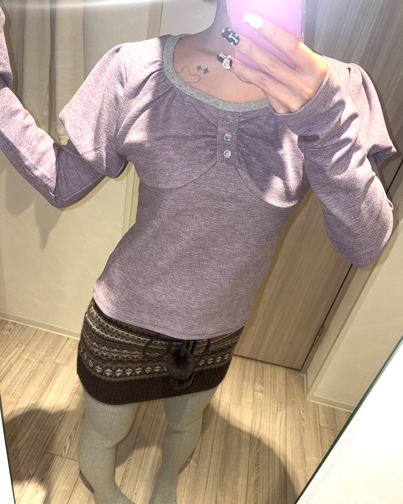 ボタンリボンデザインレイヤードパフスリーブ