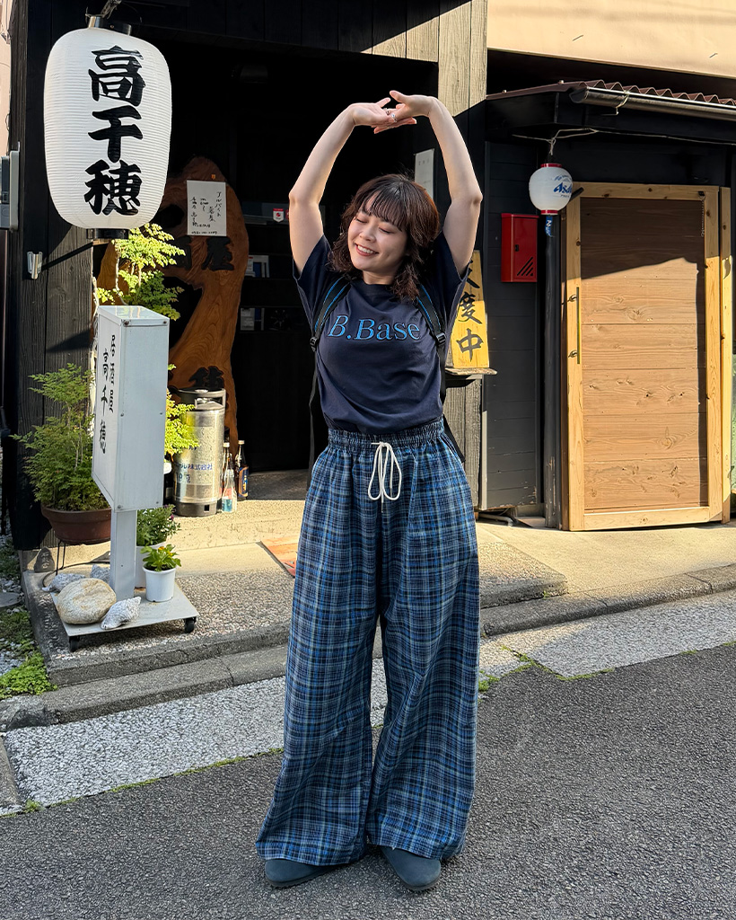 ウエストストリングチェックワイドパンツ