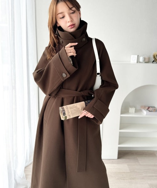 360度上品魅せ。衿2way比翼スタンドウール調ステンカラーコート