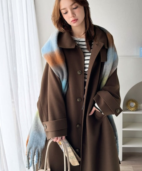 襟付きロングティアードコート 360度上品魅せ。衿2way比翼スタンドウール調ステンカラーコート