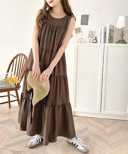 ICHI 定番ティアードワンピース 限定色ブラウン 人気 ICHI 定番
