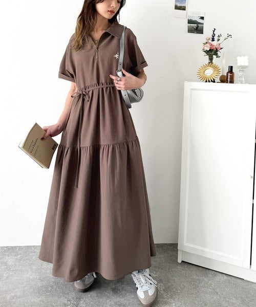 トレンドのティアード♪胸刺繍サッカーハーフZIPワンピース（ロング