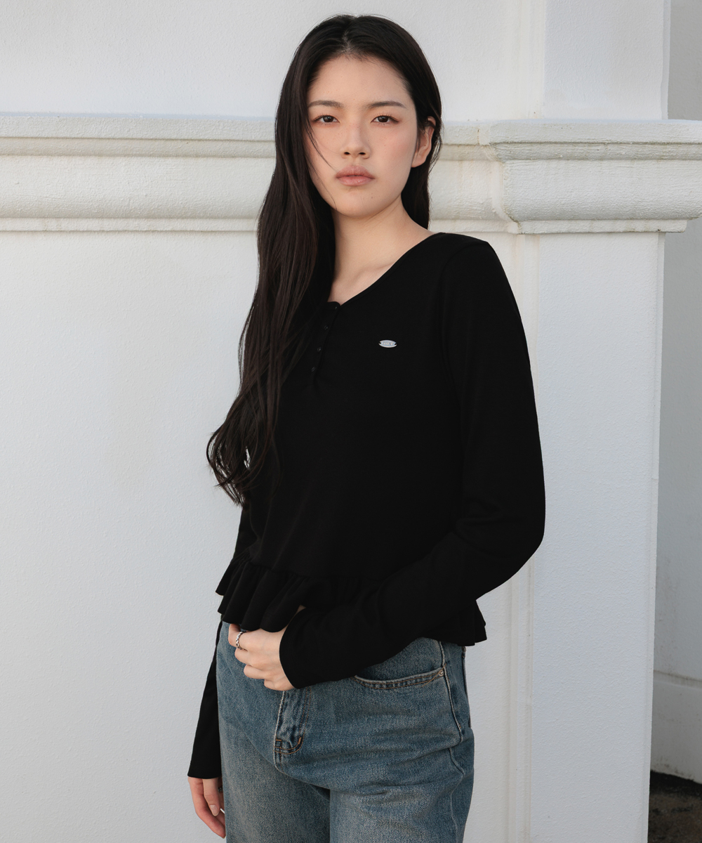 Frill Henley Neck Long Sleeve [Black]