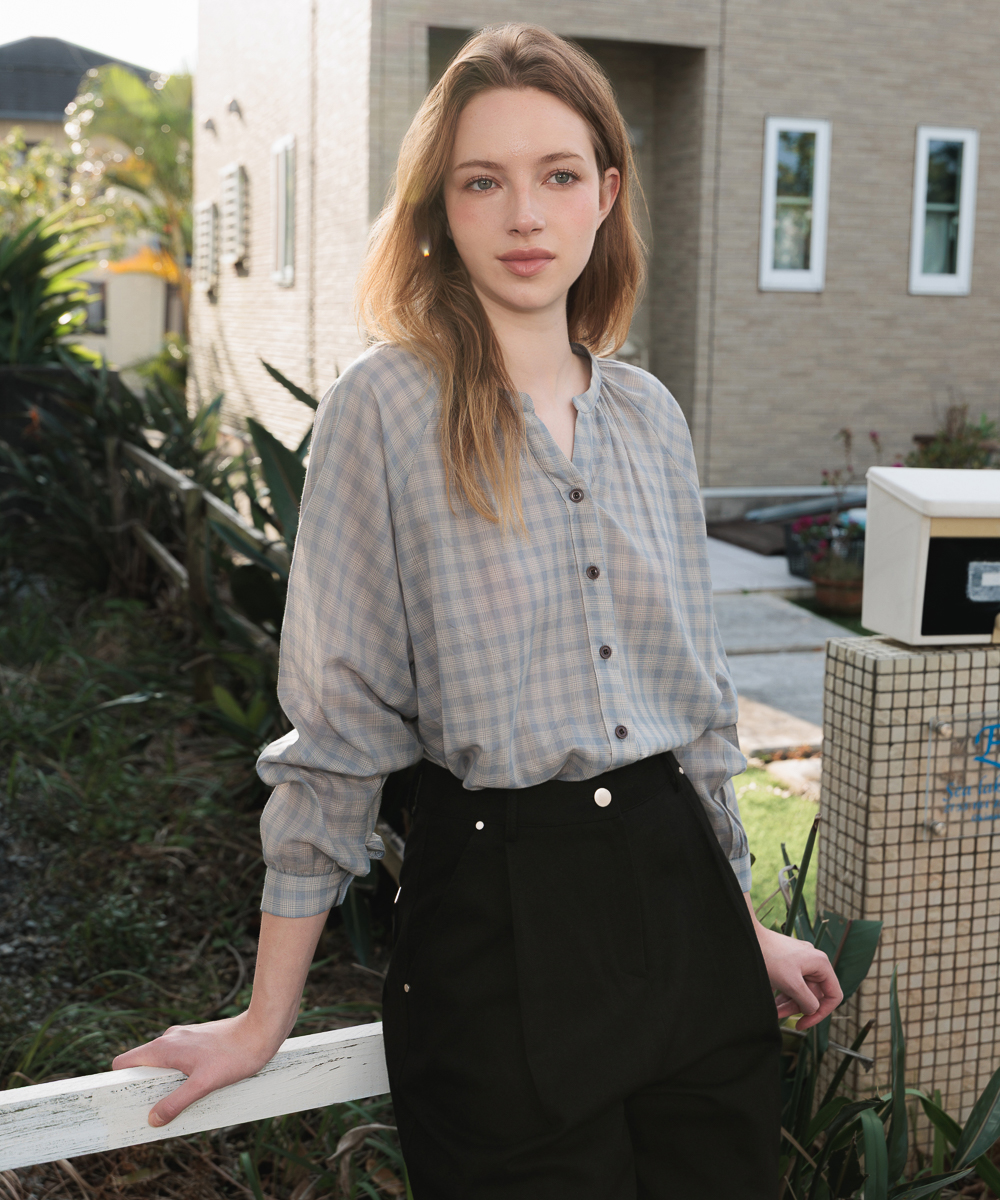 Check Pattern Volume Blouse [Blue]