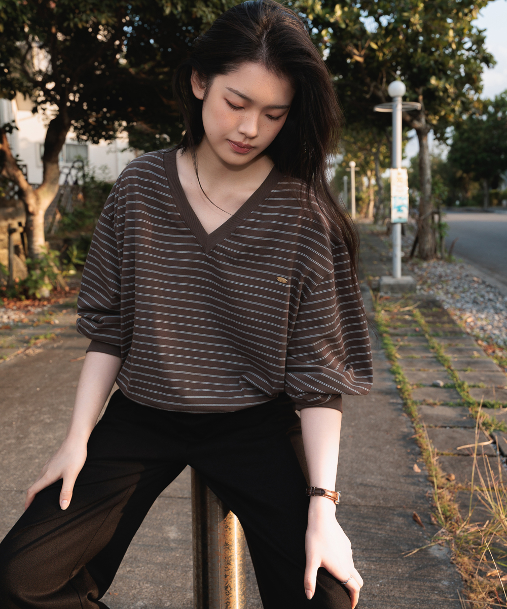 Stripe V-neck Sweatshirt [Brown]