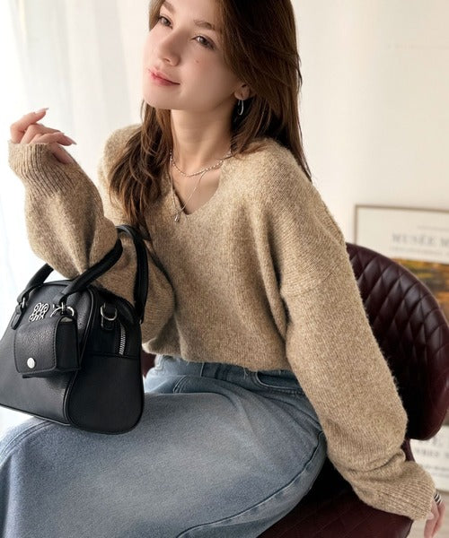 ふわっと軽やか◎メランジ調Vネックニットプルオーバー（長袖