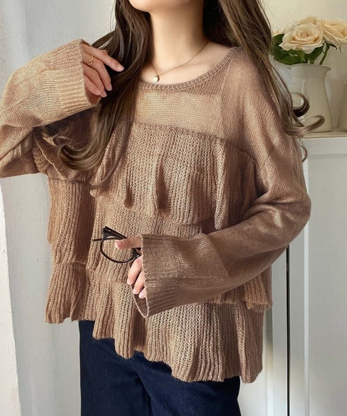 ふんわり大人フェミニン♪ティアードフリルモヘアタッチメッシュ編み