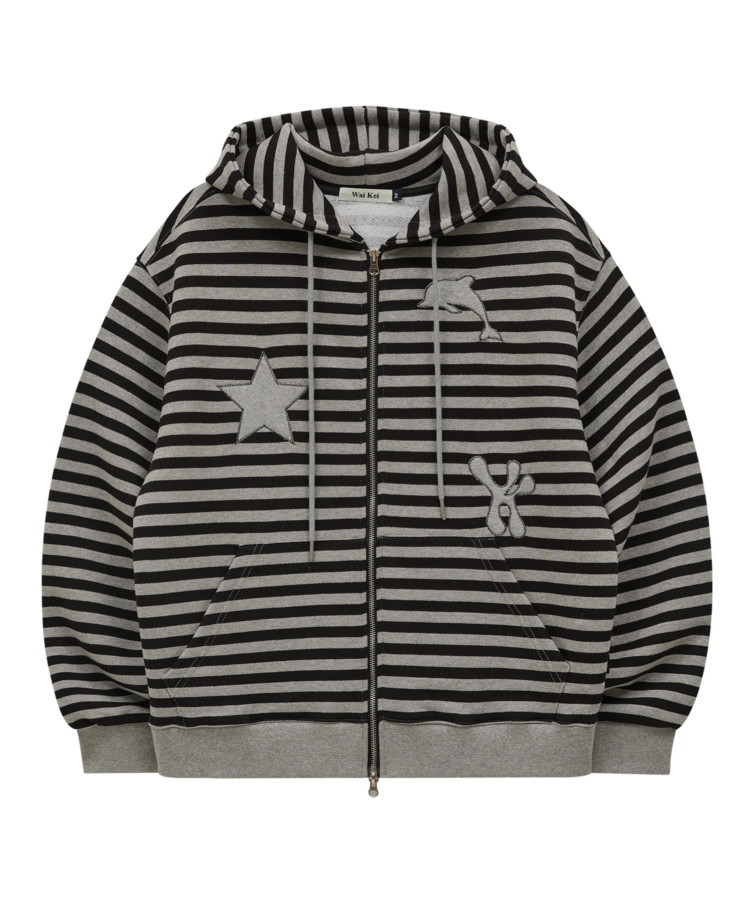 Star Dolphin Applique Hood Zip Up STRIPE BLACK