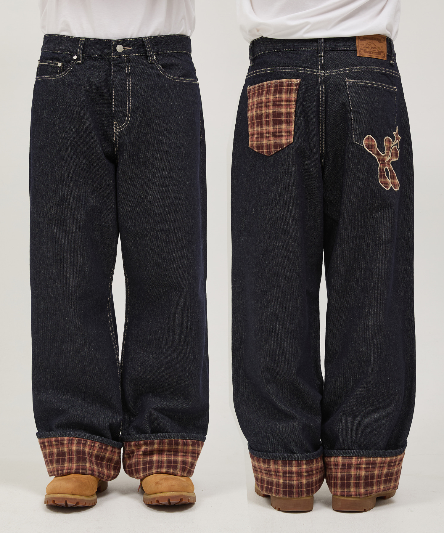 Check Applique Roll Up Row Indigo Denim Pants