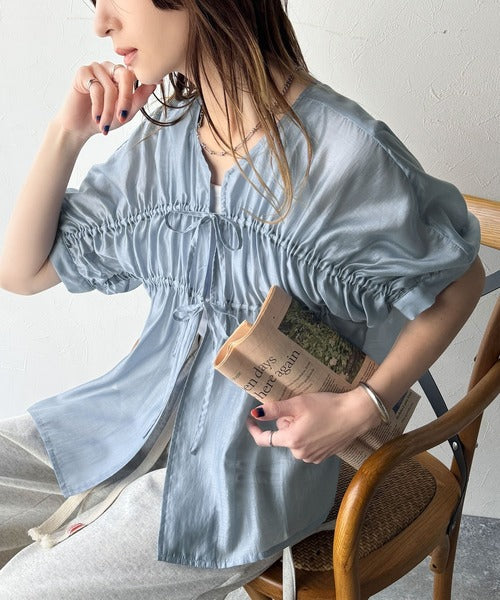 美品✨コムデギャルソン リボン ギャザー 半袖シャツ ブラウス ネイビー COMME des GARCONS - コムコム コムデギャルソン ドット