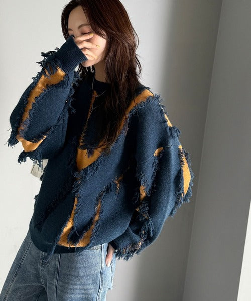 ゆるっとこなれ感◎男女兼用可♪フリンジ配色オーバーニット