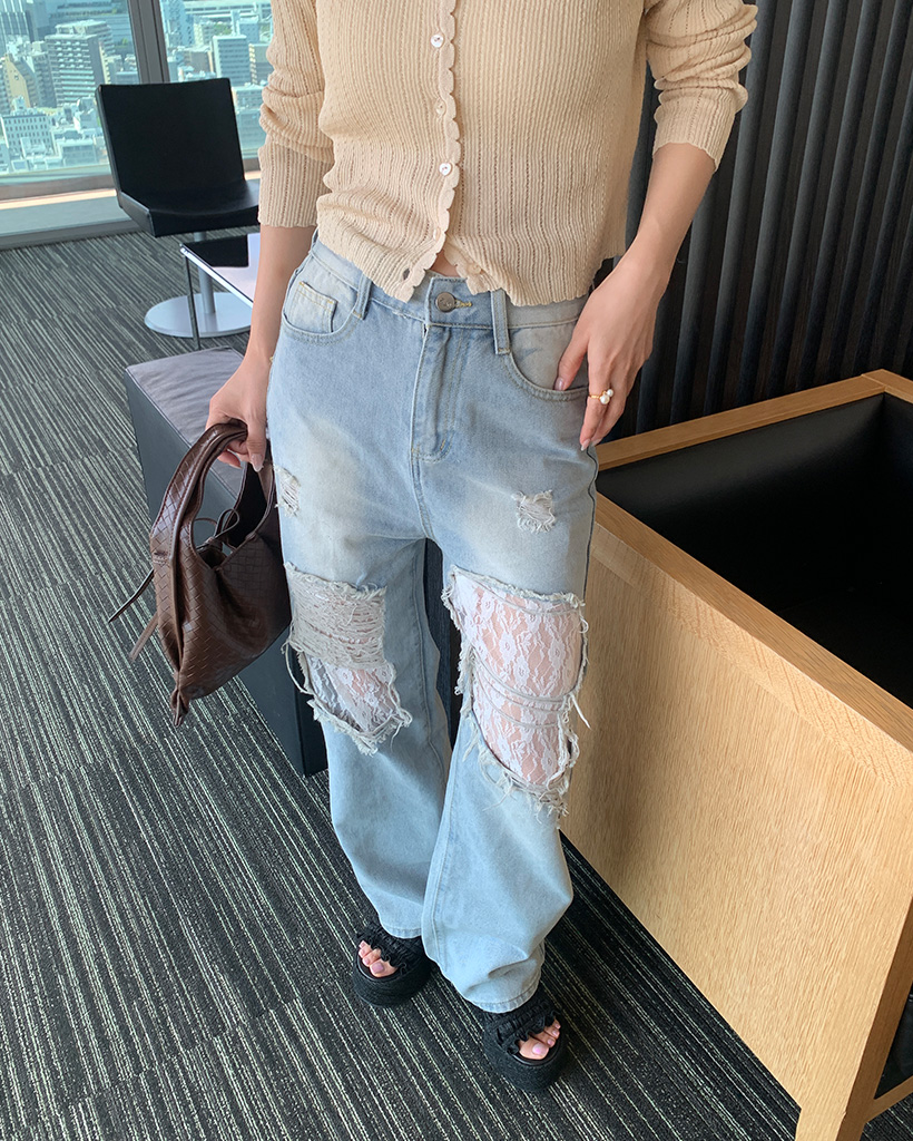 レースダメージポイント ワイドデニムパンツ