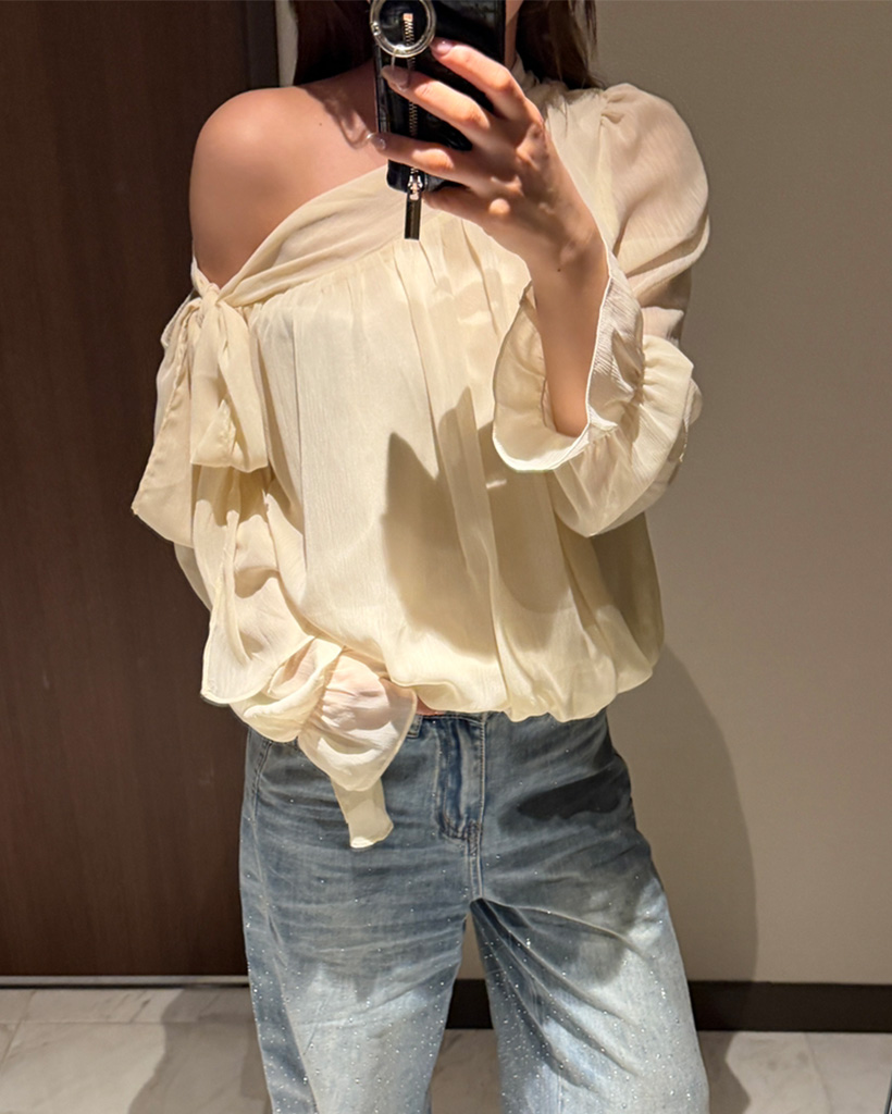 シフォンシャーリングアンバランスリボンブラウス