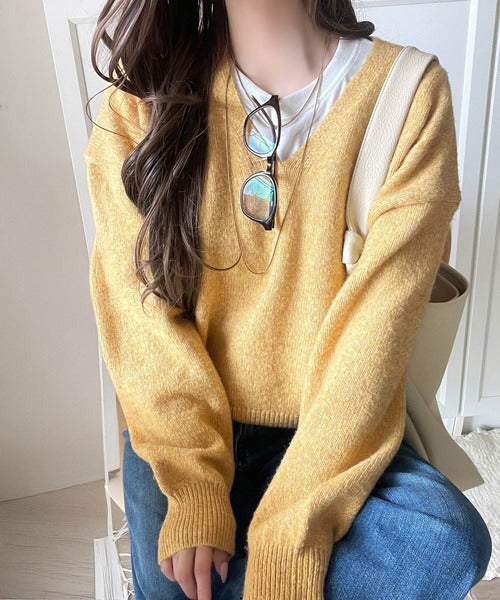 ふわっと軽やか◎メランジ調Vネックニットプルオーバー（長袖