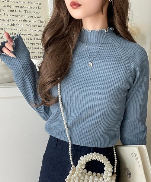 華奢見え叶える程よいフィット感。配色メロウリブニットトップス（長袖