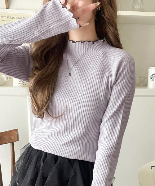 華奢見え叶える程よいフィット感。配色メロウリブニットトップス（長袖