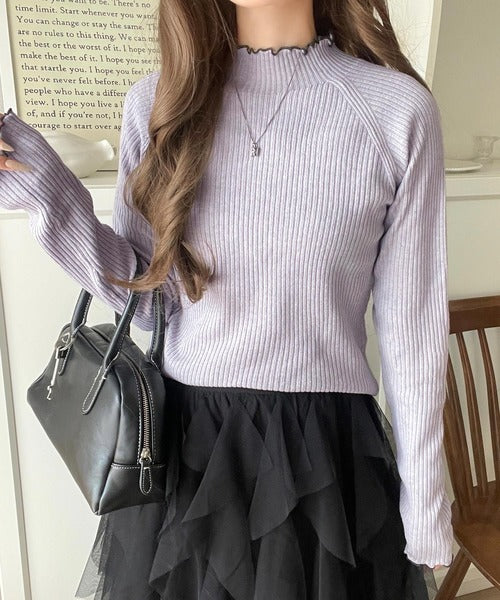 華奢見え叶える程よいフィット感。配色メロウリブニットトップス（長袖