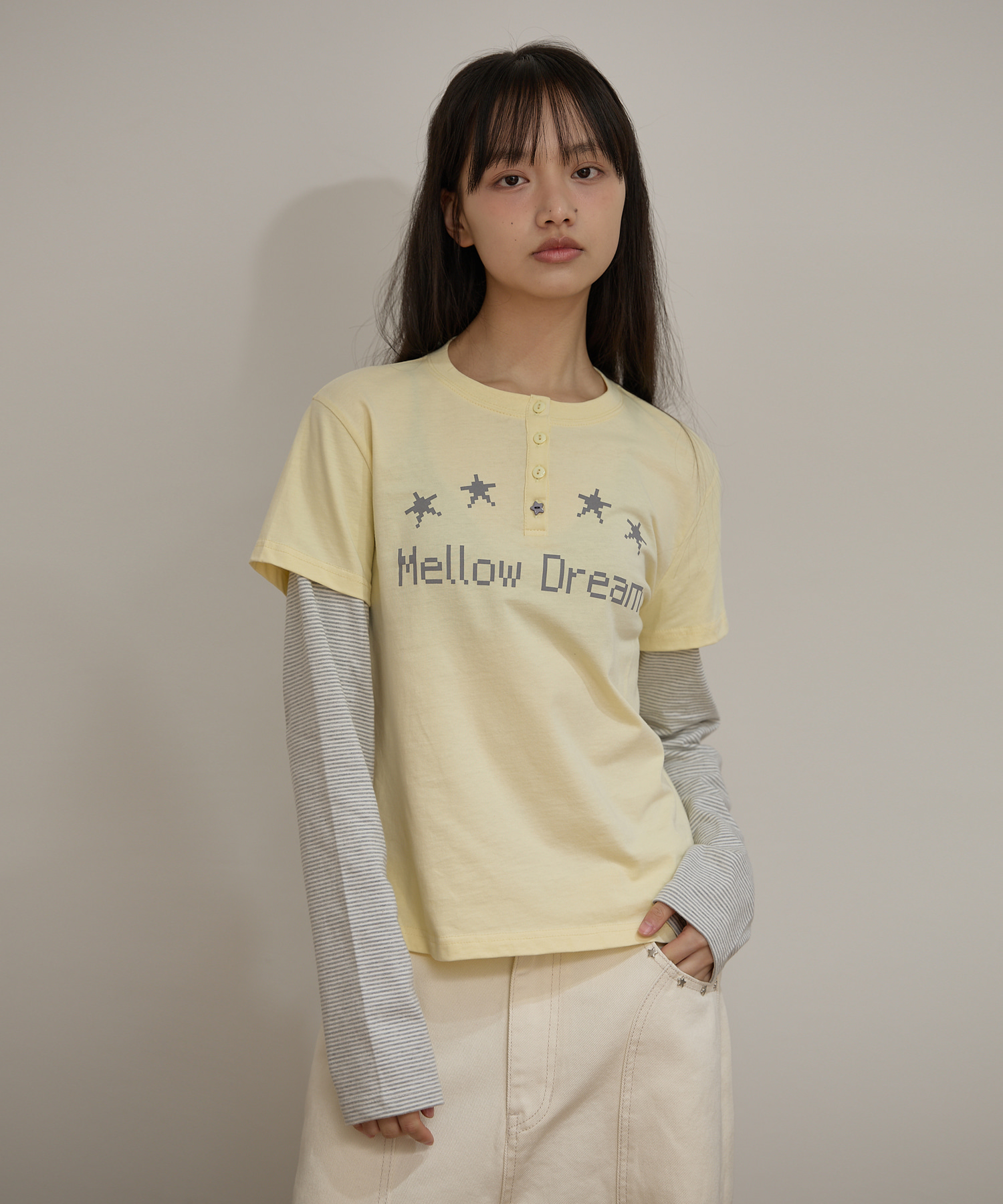 MELLOW DREAM Stripe Layerd T-shirt YELLOW