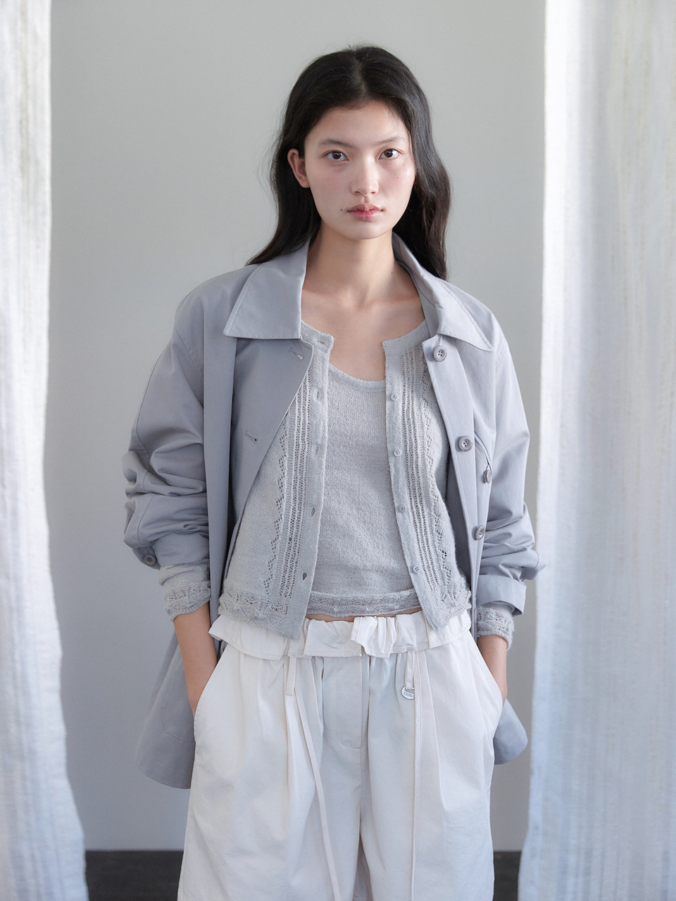 COTTON SAPARI TRENCH JACKET [ PALE BLUE ]